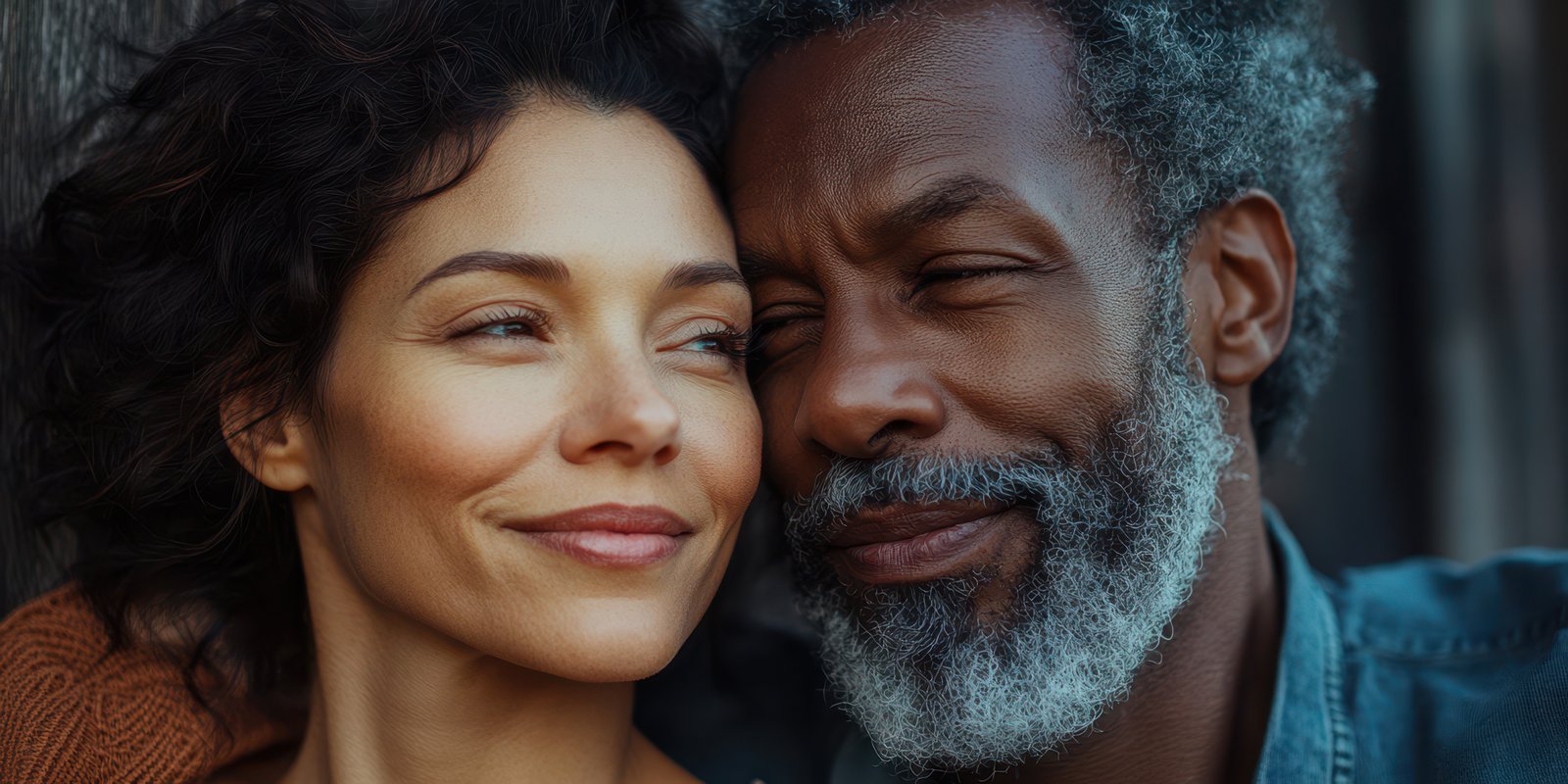 Couple enjoying an intimate moment outdoors during golden hour embracing each other with love and warmth